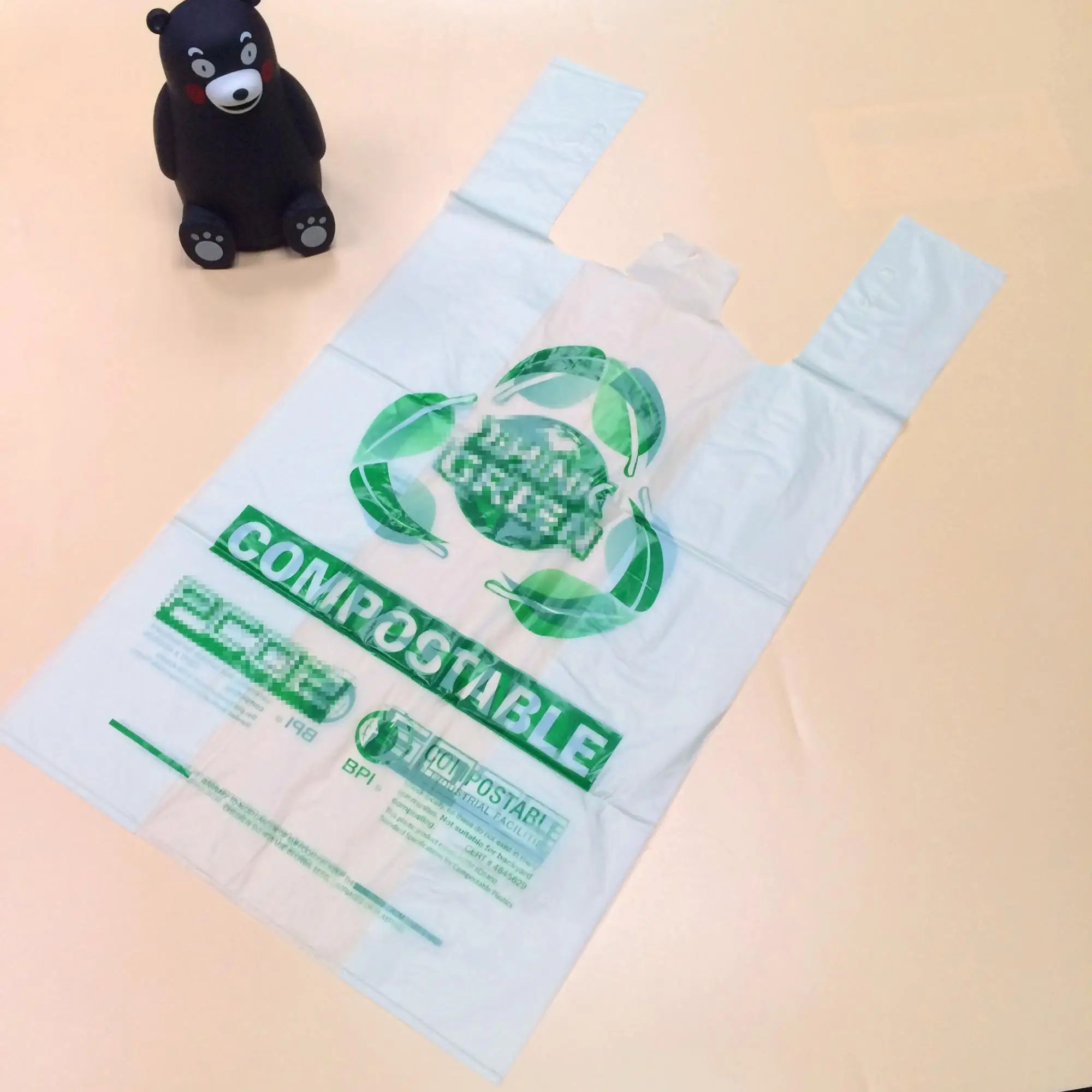 100 玉米淀粉生物降解袋,重型薄膜包装塑料 tshirt 袋购物袋