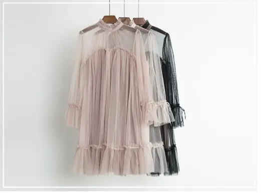 Autumn Graceful Aesthetic Loose Mesh Sweet Dress Mock Neck Collar Stringy Selvedge Slim Pleated Lace Solid Princess Doll Dress1