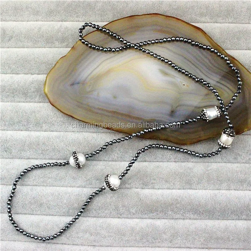 CH-JBN0129 handmade hematite bead necklace with pendants,fashion frewather pearl pendant necklace,wholesale necklace jewelry