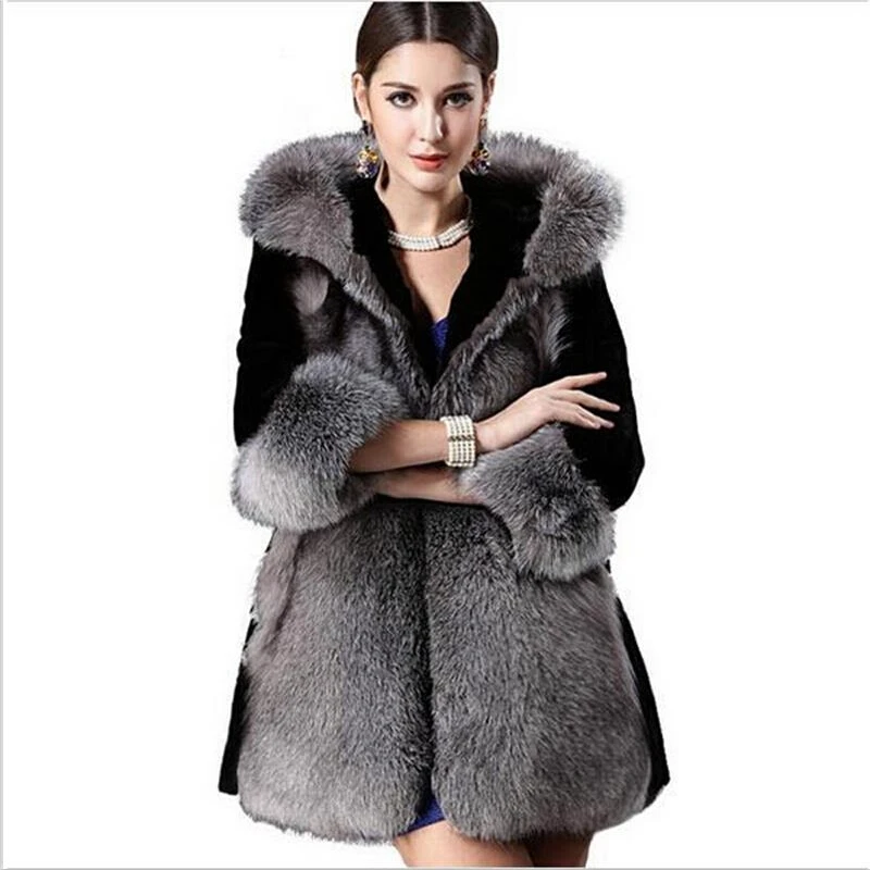2015 Women's fashion high imitation rabbit fur coat fox fur collar and long hooded fur coat plus size S-XXXL, 4XL Coat