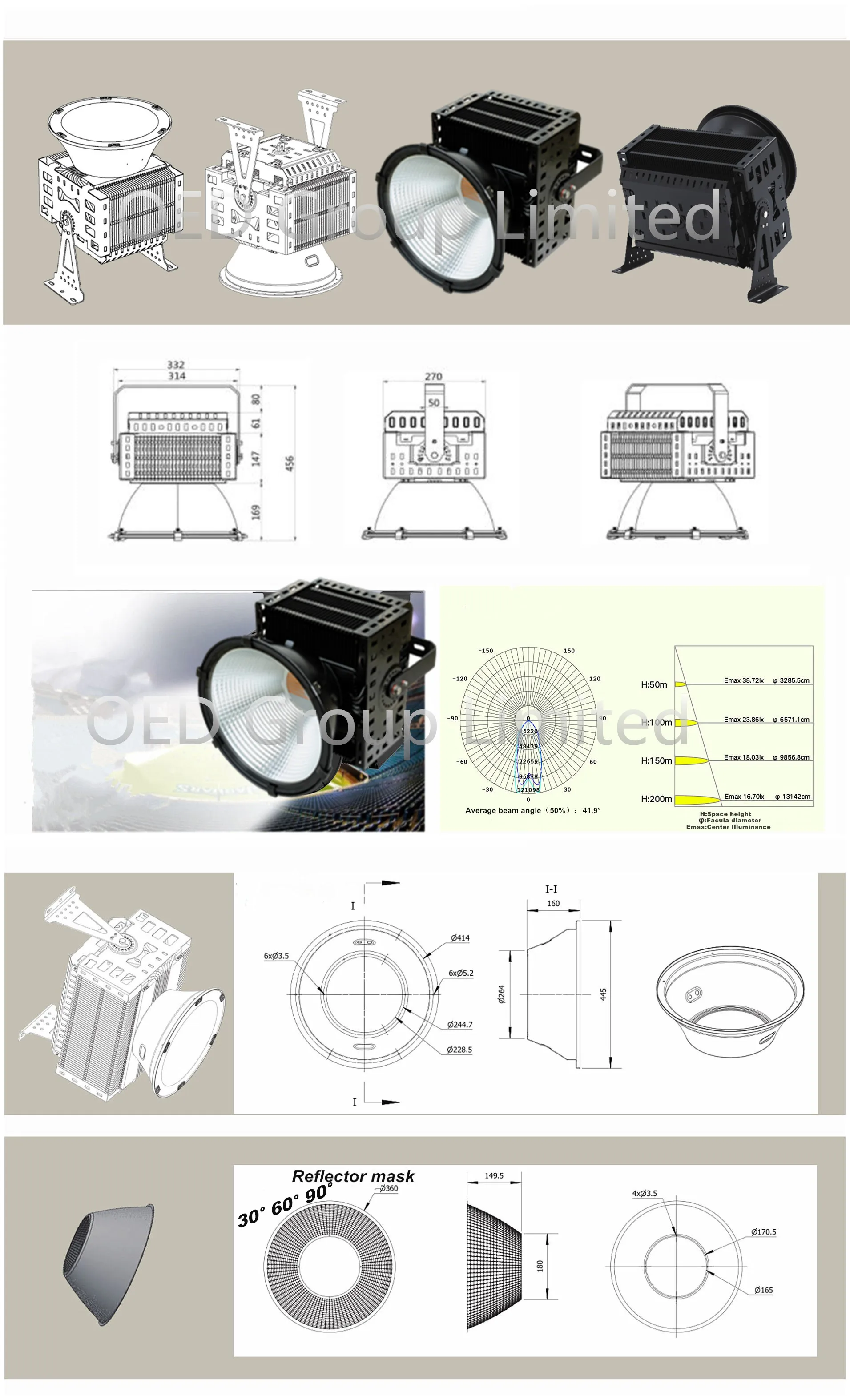 300W round LED SMD floodlight for tennis court lighting