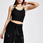 Womens Summer Short Knitted Slim Crop Tops Black Camo Trim Fitted Crop Tank Top Camisole