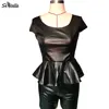 Lady Black Pu Leather Falbala Bodycon Two Piece Set Shorts Woman Suits