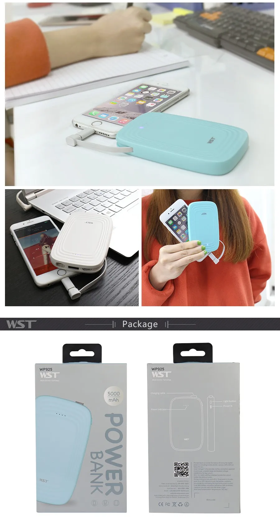 Custom logo promotion gift white single USB external built-in cable portable powerbank 5000 mah - ANKUX.COM