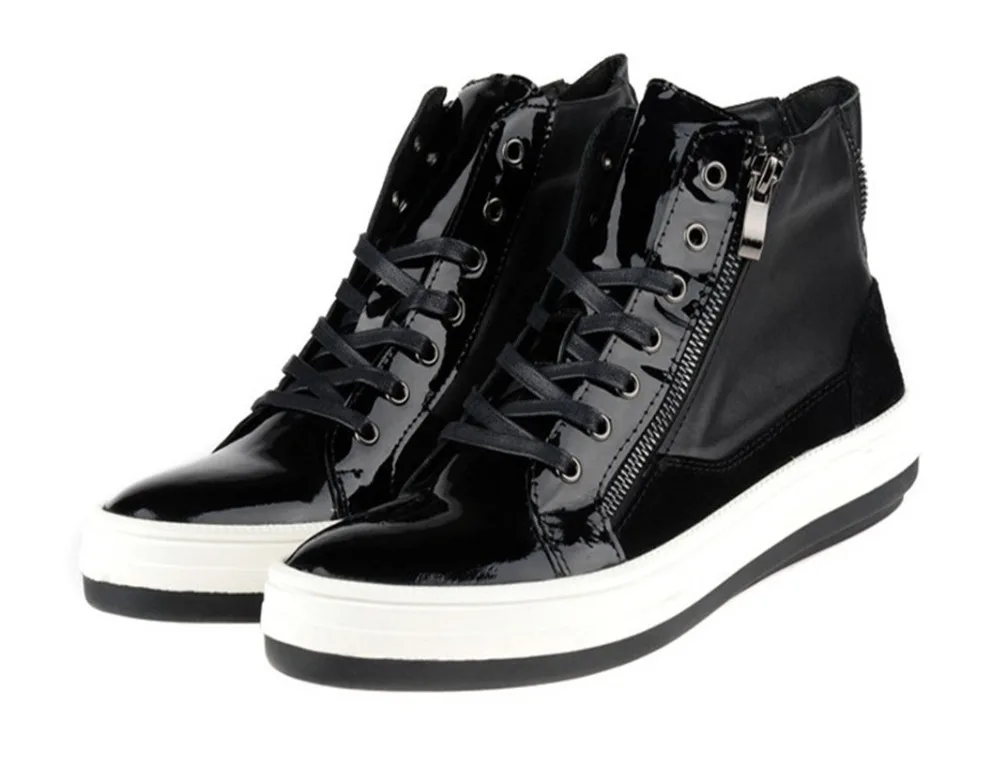 New 2015 High Men Genuine Leather Lace up Sneakers Pop Patent Leather Round Toe Short Boots Breathable Man Cowhide Sports Shoes