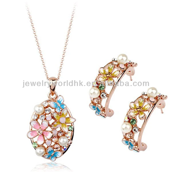 Wholesale authentic austrian crystal and pearls 18k gold plated colorful fashion jewelry sets