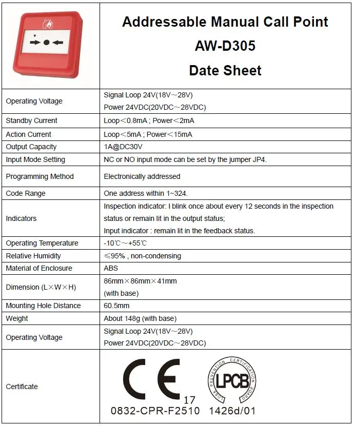 Addressable Fire Alarm Manual Call Point With Lpcb Certificate