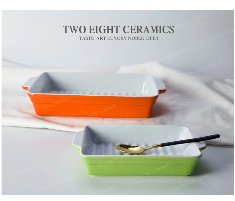 Green and Orange Color Porcelain Dishes and Plates,  Rectangle Plate Microware Safe Barbecue Plate^
