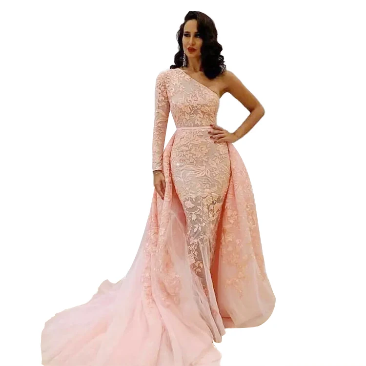 

Saudi Arabic Blush Pink Overskirt Prom Dress Long 2018 One Shoulder Lace Mermaid Evening Dress Women Dresses