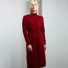 100% merino cashmere dress women beautiful long sleeve stand neck knitted winter dresses
