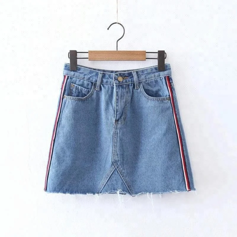 D&S factory dropshipping pockets side stripe a line skirt frayed hem lady sexy mini denim jeans skirt