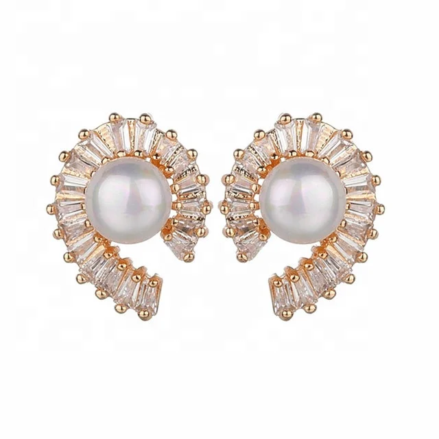 Freshwater Pearl Stud Earring Jewelry Plated Champagne Gold Jewellery 2gm, White, gold