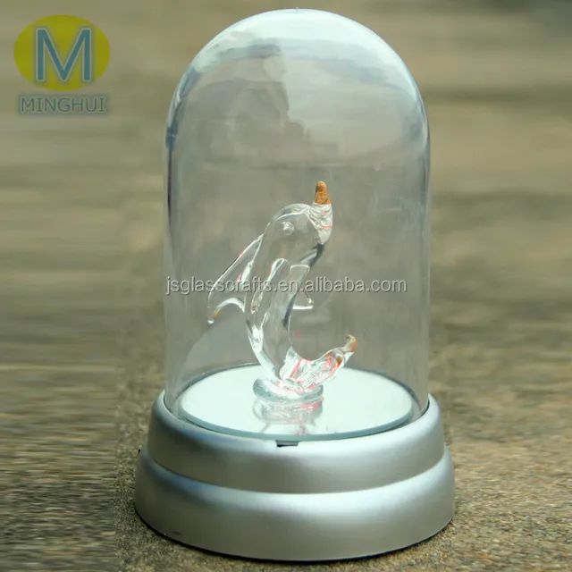 cheap glass dome with led light and dolphin inside,glass bell