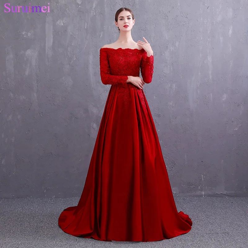 Real Photo Vintage Off The Shoulder Red Evening Dresses Scoop Neck Lace Applique Long Sleeves Evening Gown Satin Prom Dresses
Real Photo Vintage Off The Shoulder Red Evening Dresses Scoop Neck Lace Applique Long Sleeves Evening Gown Satin Prom Dresses