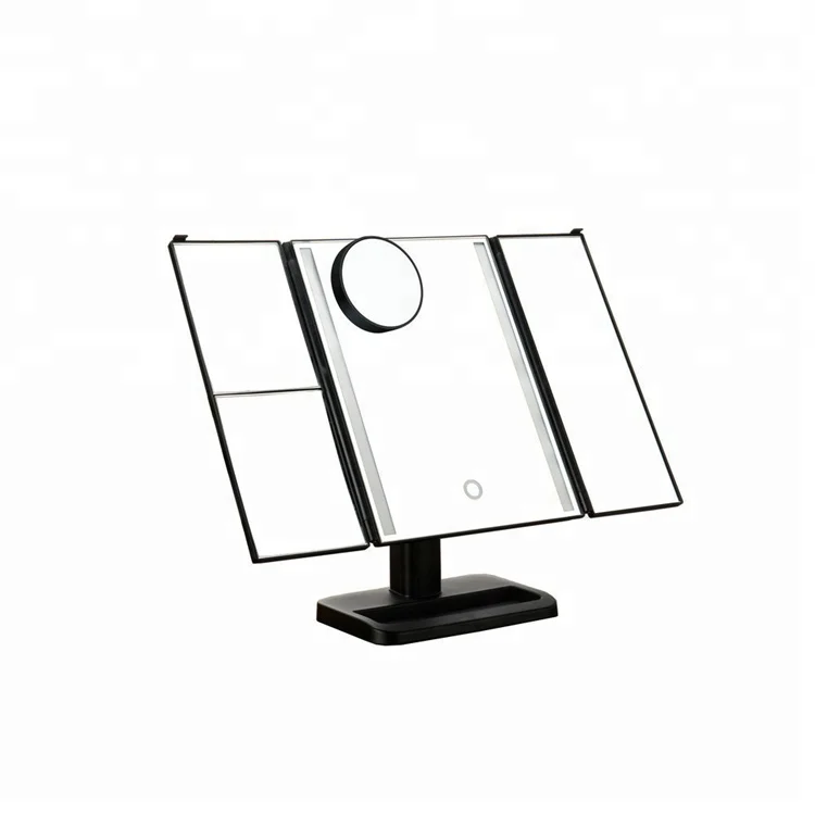 

New product2019 Touch Screen Trifold Led Lights Mirror Desktop Cosmetic Mirror 1X/2X/3X +10X Magnifying Glass Makeup Mirror, Black,white,pink,customzed color