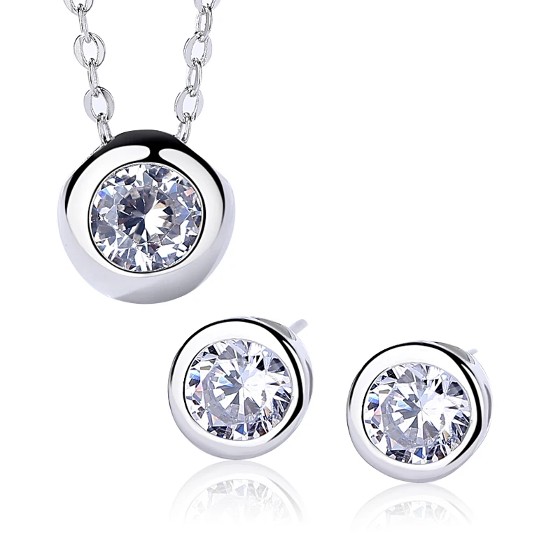 

Wholesale Simple 925 Sterling Silver Gold Plated Round Brilliant Cut Bezel Setting Cubic Zircon Jewelry Set For Women