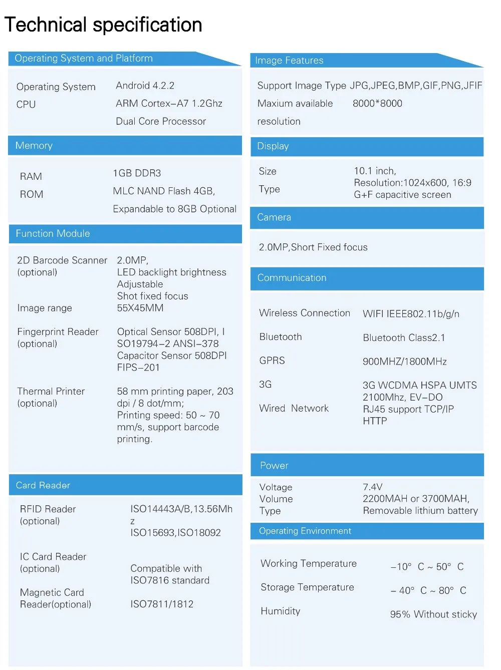 Tablet POS Terminal P10 Product Specification