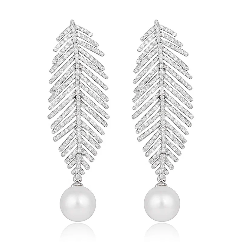 

Women's Silver-Tone CZ Cream Simulated Pearl Dangle Wedding Long Feather Chandelier Drop Earrings Clear