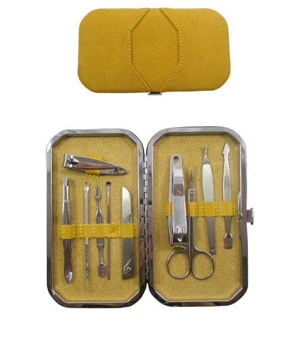 Girls manicure pedicure care tools set,women 10pcs nail care tools gift kit,stainless steel nail clippers kit yellow case
