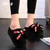 2019 cotton slippers women's home thickening bottom winter high-heeled home slippers bow warm fur slippers