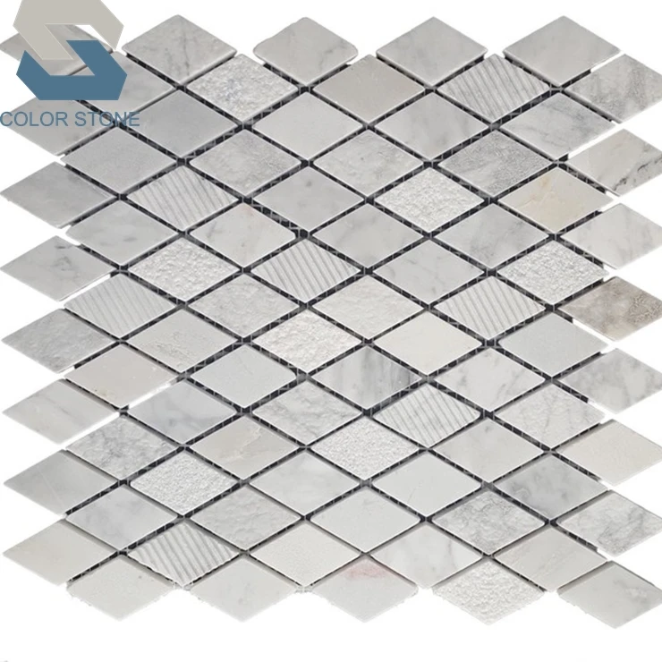 Kitchen backsplash tiles rhombus carrara white marble mosaic pattern