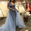 Dubai Women Formal Evening Dresses 2019 Blue Lace Beading Sheer Long Sleeve Mermaid Prom Dress With Detachable Train