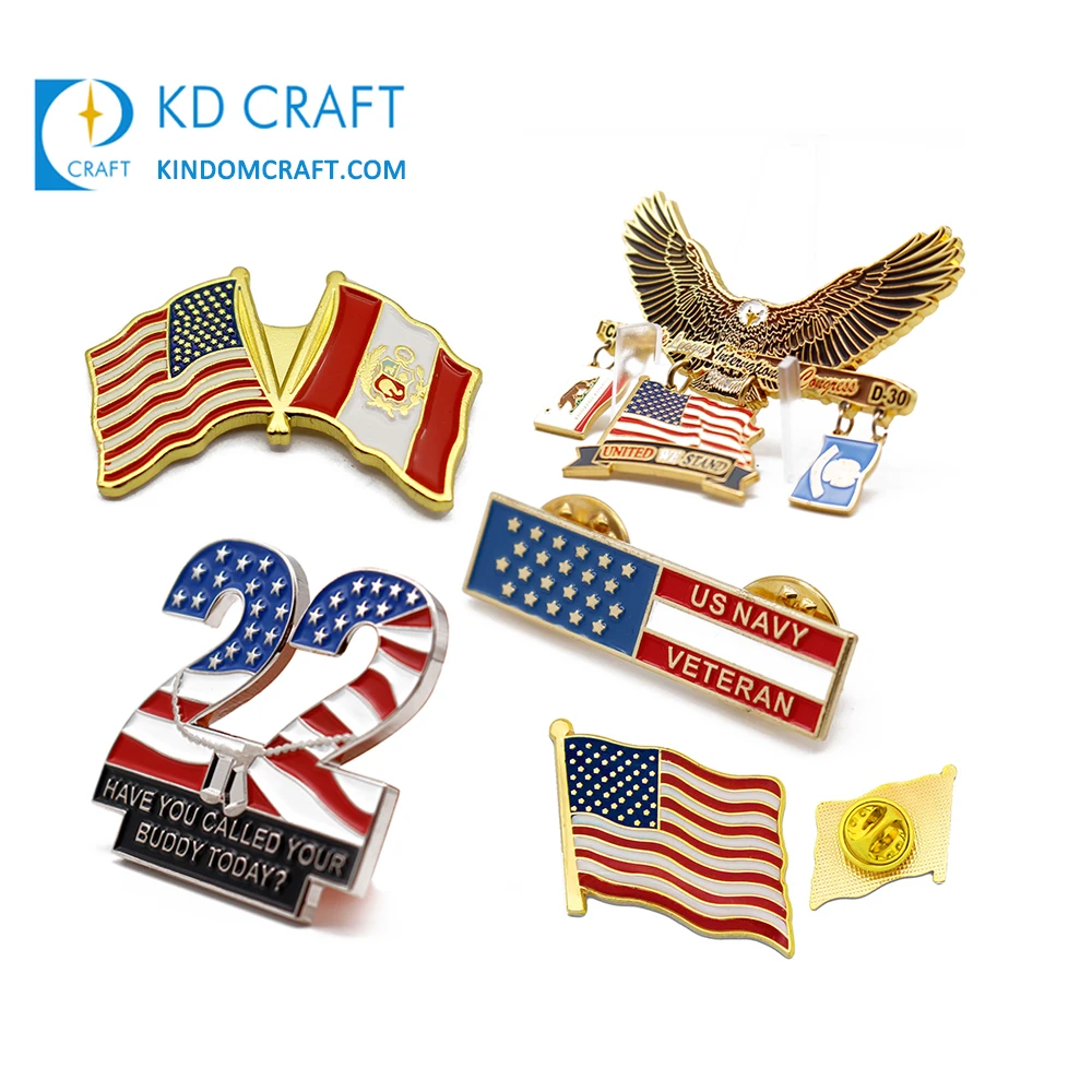 Free sample custom made metal soft hard enamel gold silver plated american usa flag lapel pin with different size