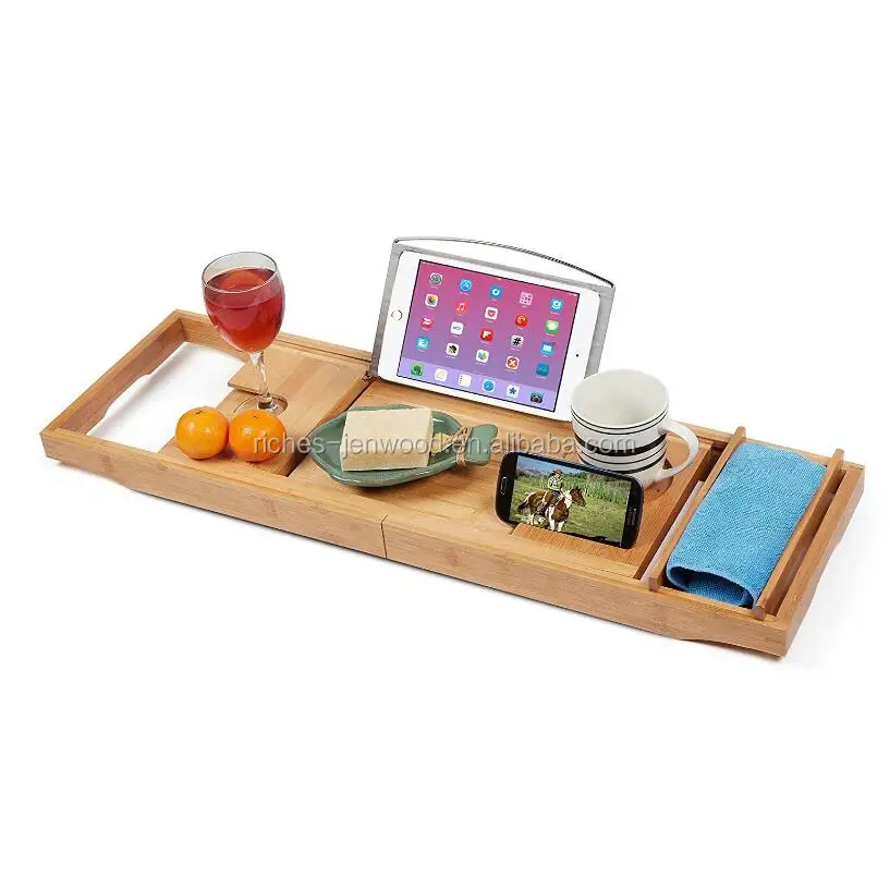 Wholesale adjustable bathroom bamboo bath bathtub  caddy tray  with extending sides