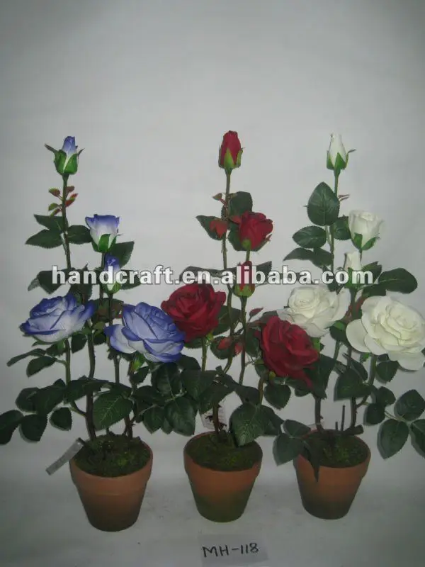 artificial flowers rose five heads flowers with red ceramics pot