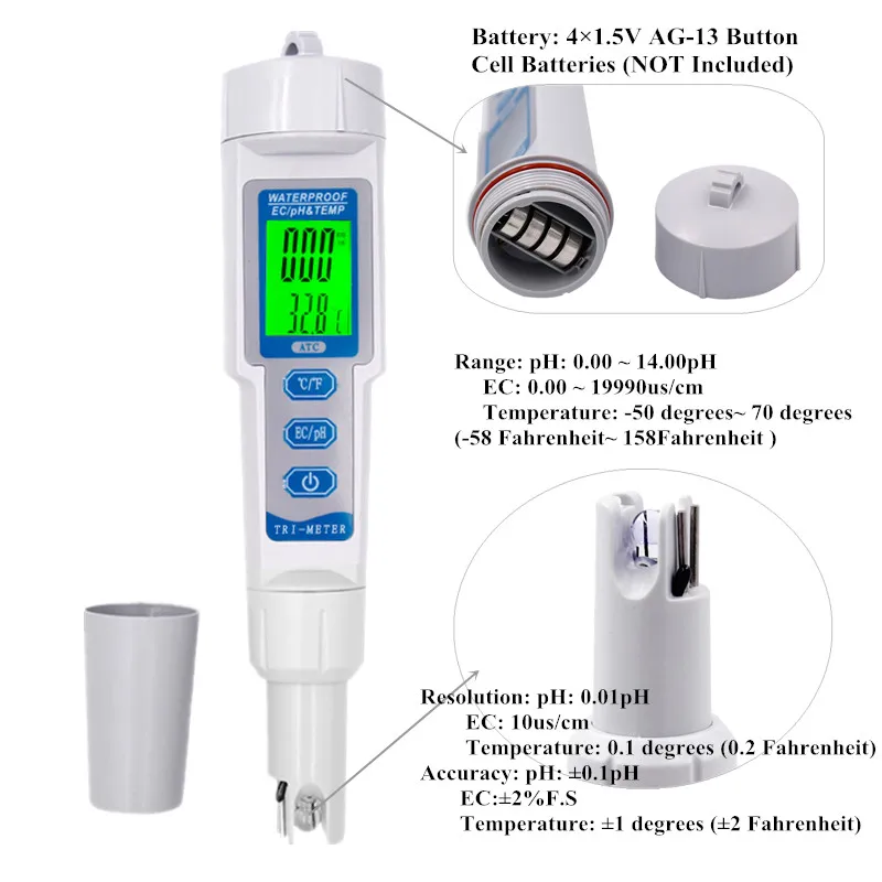 Digital 0 01 3 In 1 Waterproof Temp Ec Ph Meter Lcd With Backlight Temp