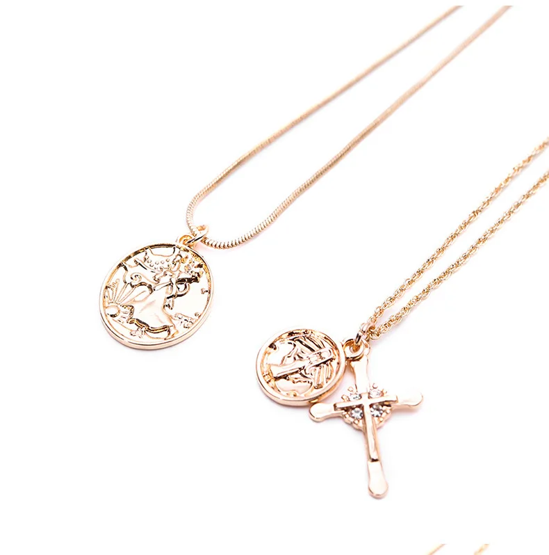Luxury 18K Gold Plated Double Coin and Cross Pendant Necklace Double Layer Coin Pendant Necklace
Luxury 18K Gold Plated Double Coin and Cross Pendant Necklace Double Layer Coin Pendant Necklace
