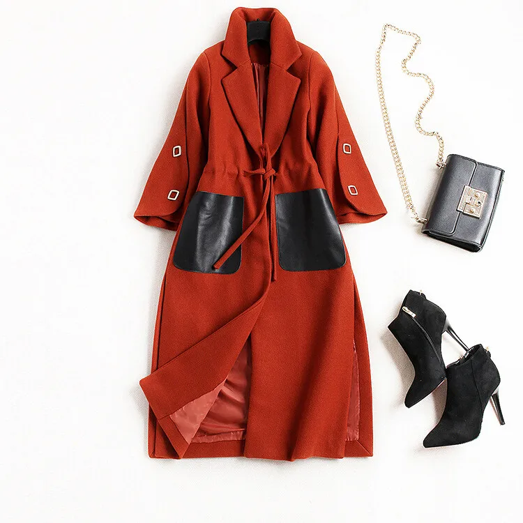 women woolen PU Pocket patchwork coat 20_