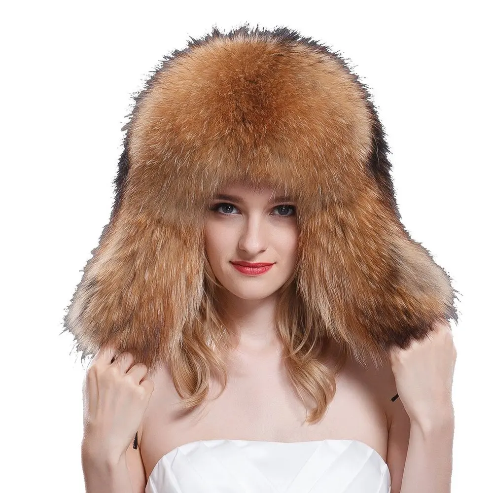 Women's Raccoon Full Fur Russian Ushanka Trapper Hats Natural Color