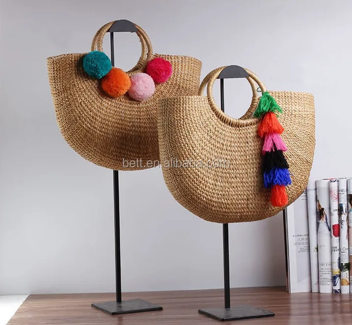 beach bag with wood round handle straw summer basket handbag