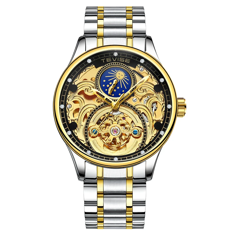

TEVISE fashion moon phase Tourbillon automatic mens luxury watch with stainless steel strap, Optional mens watch