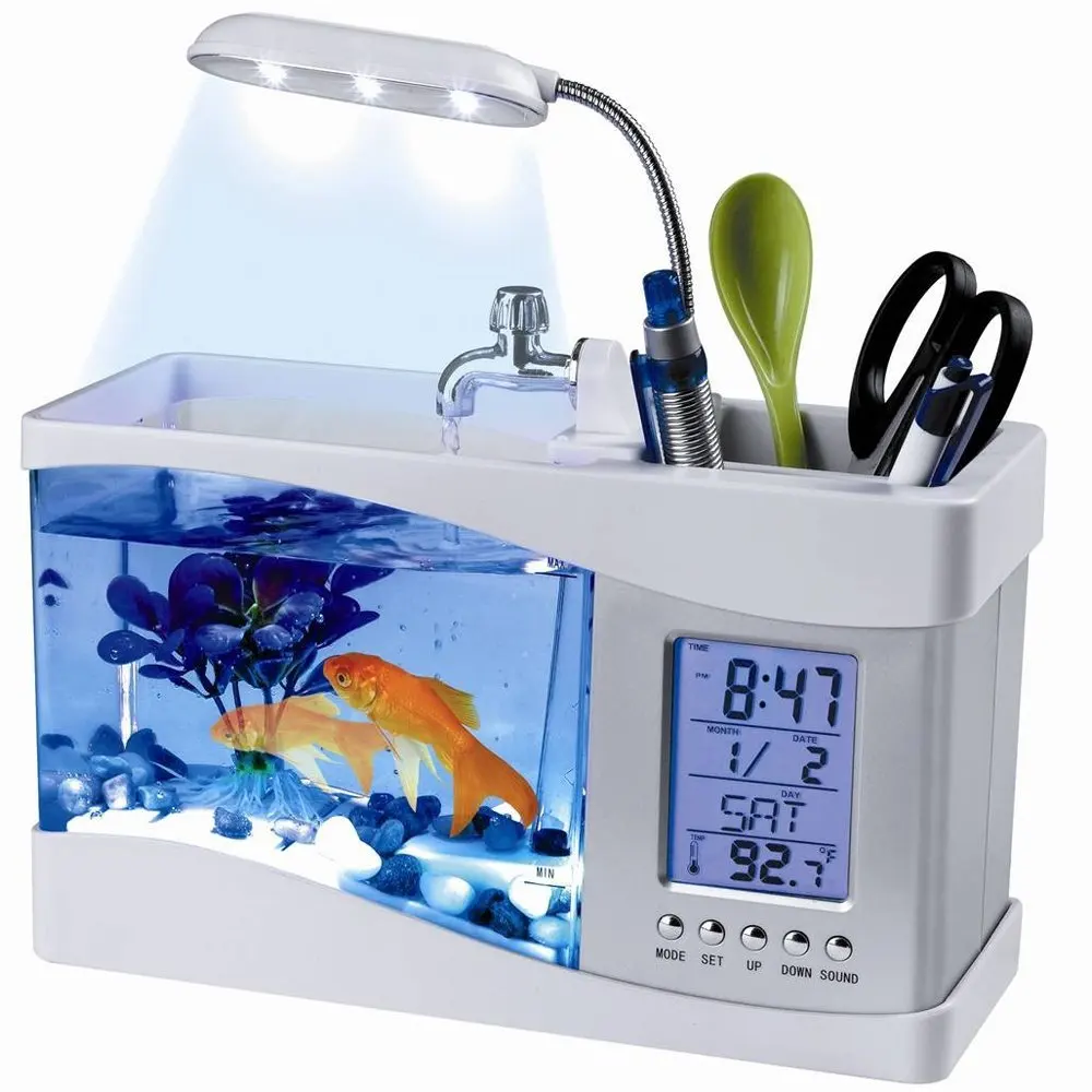 USB Desktop Aquarium Mini Fish Tank with Running Water LCD Time Clock Alarm Colorful LED Lamp Light Calendar Holds 1.5 Quart for, White.black
USB Desktop Aquarium Mini Fish Tank with Running Water LCD Time Clock Alarm Colorful LED Lamp Light Calendar Holds 1.5 Quart for, White.black