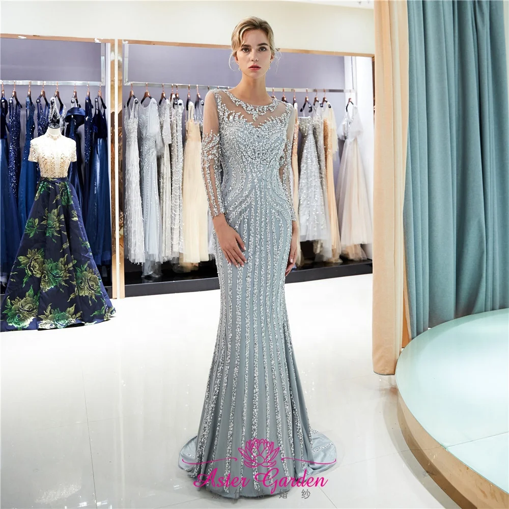 Luxus Meerjungfrau Abendkleid Mit Langen Ärmeln Scoop Sparkly Prom Kleid 2019 Abendkleid perlen prom kleider Vestido de Fietsa PE08