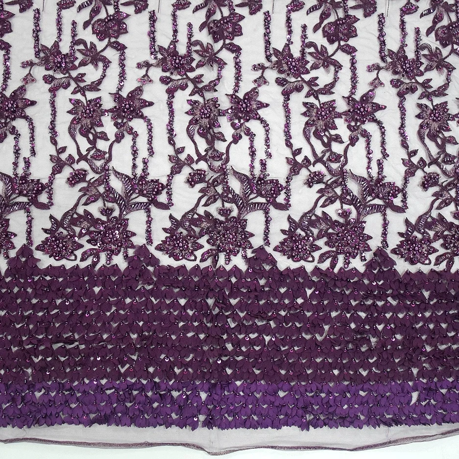 Top end purple lace nigeria style pearl beaded lace fabric with sequins 3d flower lace embroidered fabric HY0773-4