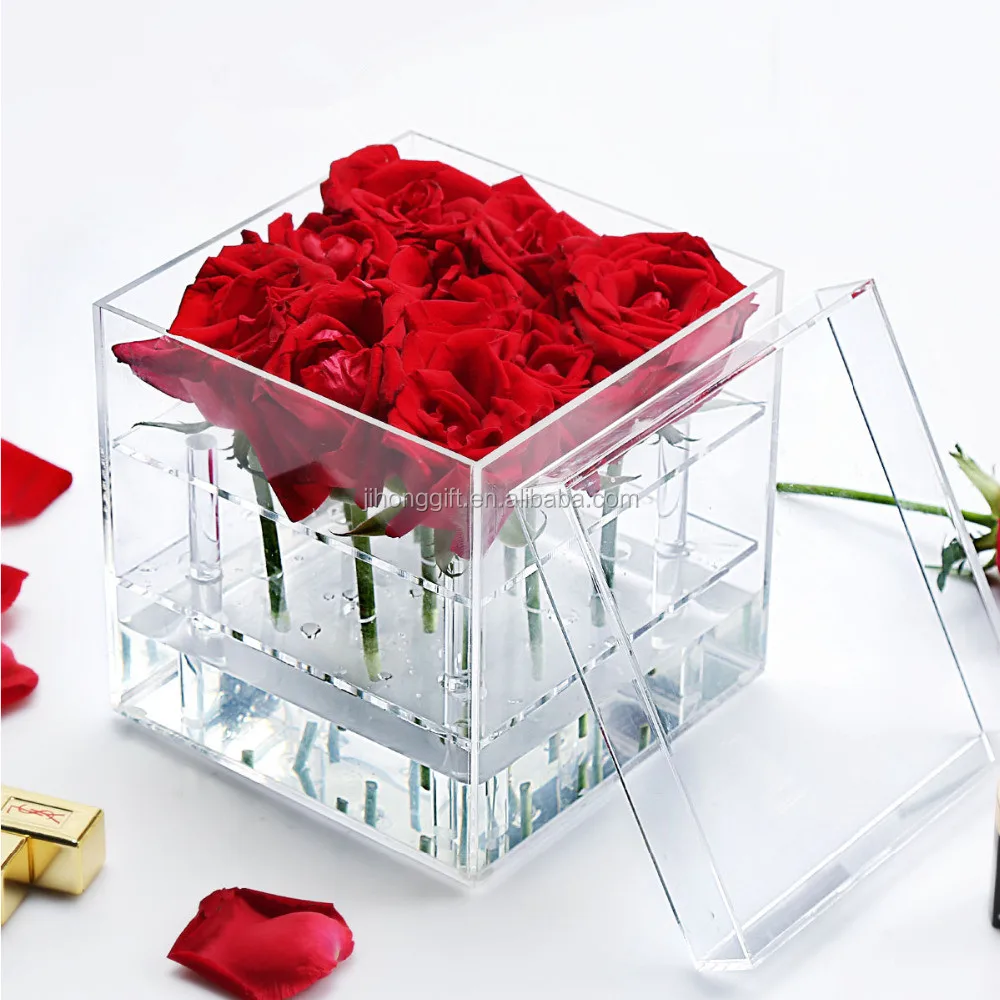 Custom Clear Acrylic Flower Display Box Case Lucite Rose Packaging Box with a lid