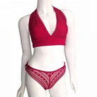 Low price wireless red lace sexy halter neck bra and panty sets with soft cup