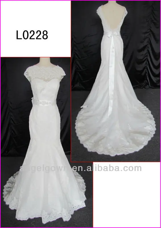2014 backless real sample sheath slim cap sleeves lace wedding dress/bridal gown with beading pattern belt/sash L0228