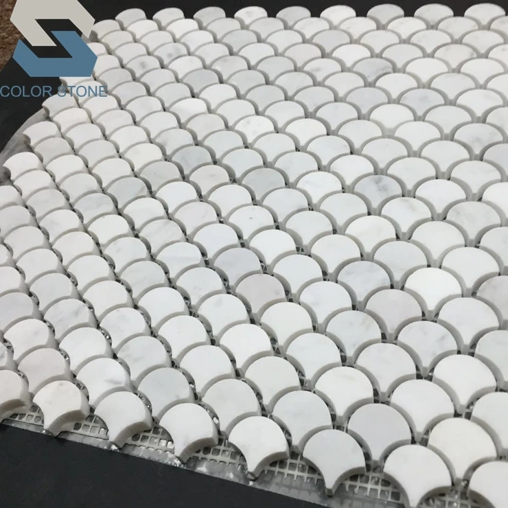 Carrara marble medium fish scale fan shaped mosaic tile backsplash