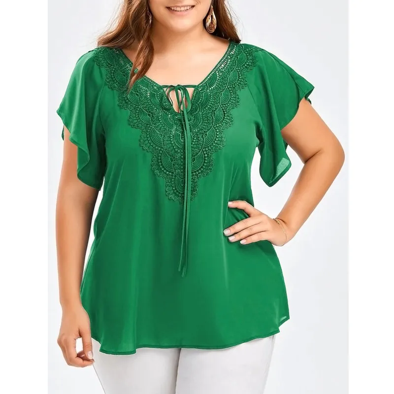 8 Color XL-5XL V Neck Lace Stitching Horn Short Sleeve Top Women Chiffon Blouse Shirts Casual Summer Sexy Clothing EY93636
8 Color XL-5XL V Neck Lace Stitching Horn Short Sleeve Top Women Chiffon Blouse Shirts Casual Summer Sexy Clothing EY93636