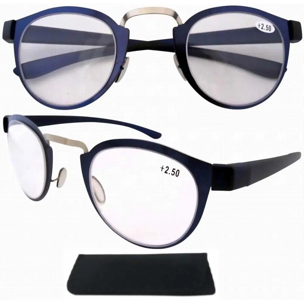 R11042 Stainless Steel Frame Rim Plastic Arms Retro Silver/Blue Reading Glasses W/pouch +1.0/1.25/1.5/1.75/2.0/2.25/2.5/3.0/3.5