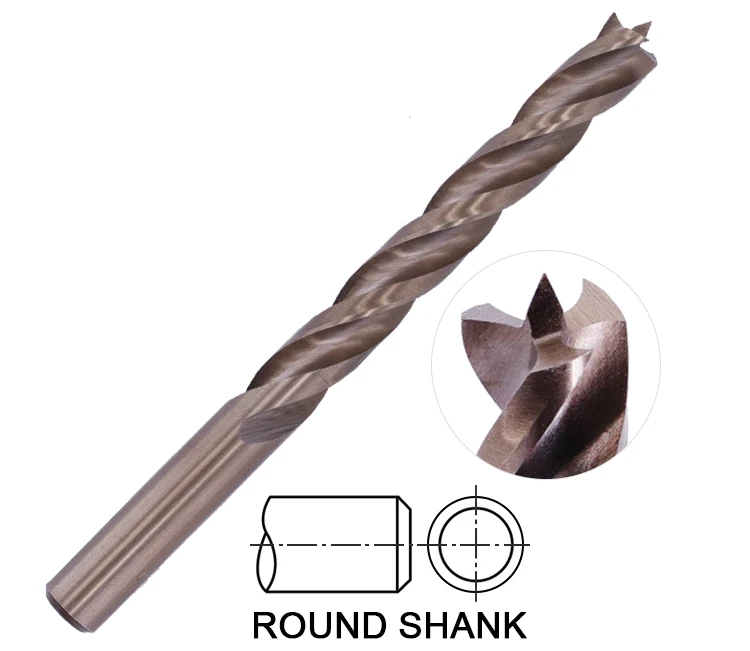 HSS Fully Ground Tri-Flute Wood Brad Point Drill Bit with Three Cutting Spurs for Wood Precision Drilling