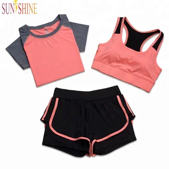 Women Gym Clothing 3 Pieces Bra T-shirt Short Set Breathable Nice Quality Fabric Workout Activewear Fitness Yoga Set