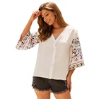 New OEM Design Custom Printing Button White Cotton And Linen Blouse Women