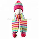 Girl's Cable Knitted Winter Hat Scarf Gloves Set in rainbow colors with pompom beanie