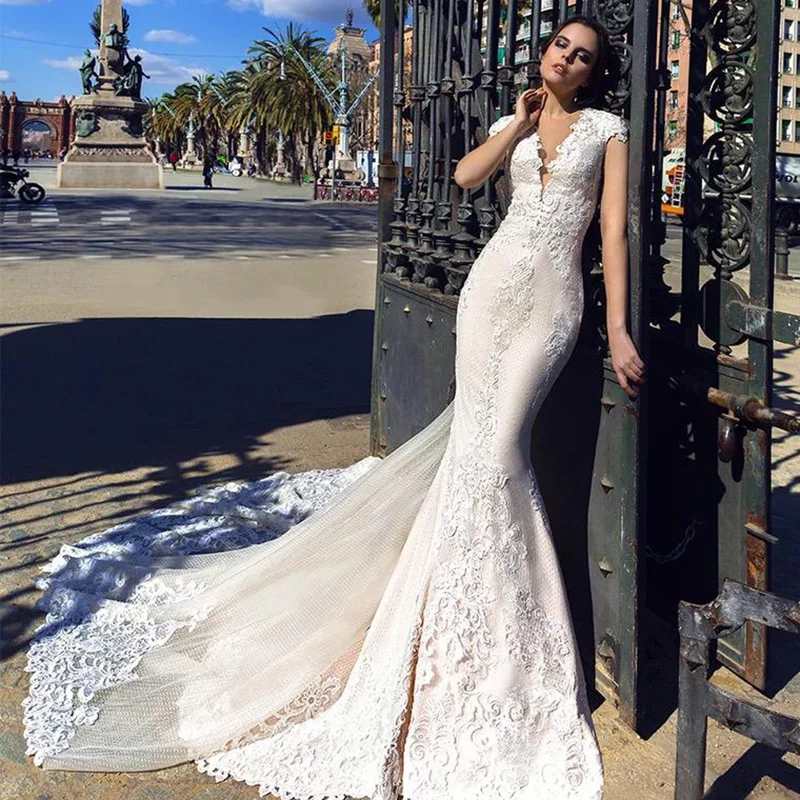 Eslieb XY002 tamaño personalizado de alta calidad diseño sirena Cuello V sin mangas espalda baja hermosa falda vestido de boda