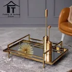 Decorative glass brass mirror tray gold metal decorative tray with mirrors serving vanity tray centerpiece